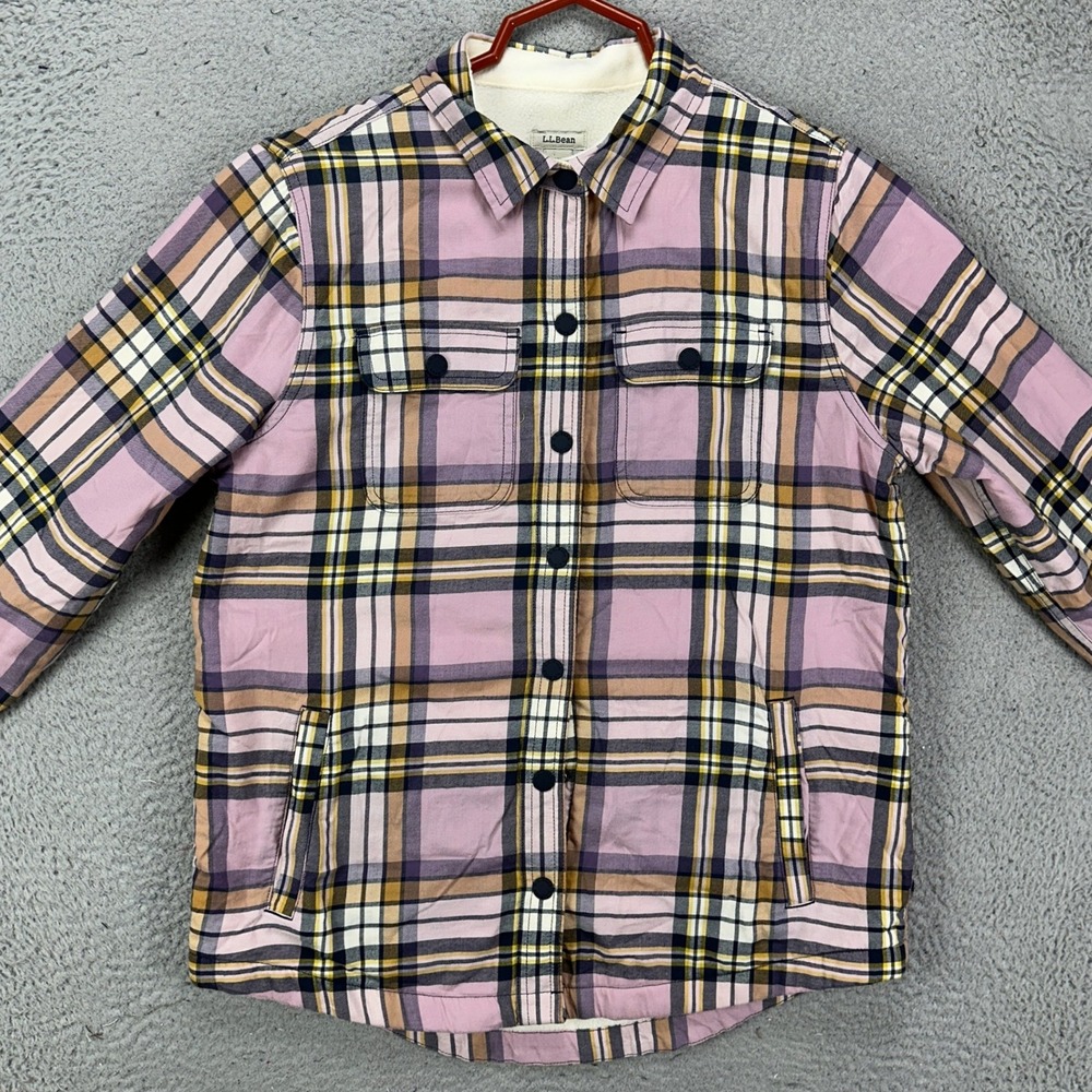 L.L. Bean Shacket Mens XS‎ Pink Blue Plaid Fleece Lined Flap Pocket Shirt Jacket - Picture 3 of 8